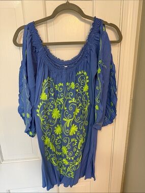 Embroidered Cold-Shoulder Women’s swim cover in Royal Blue with Lime Accents